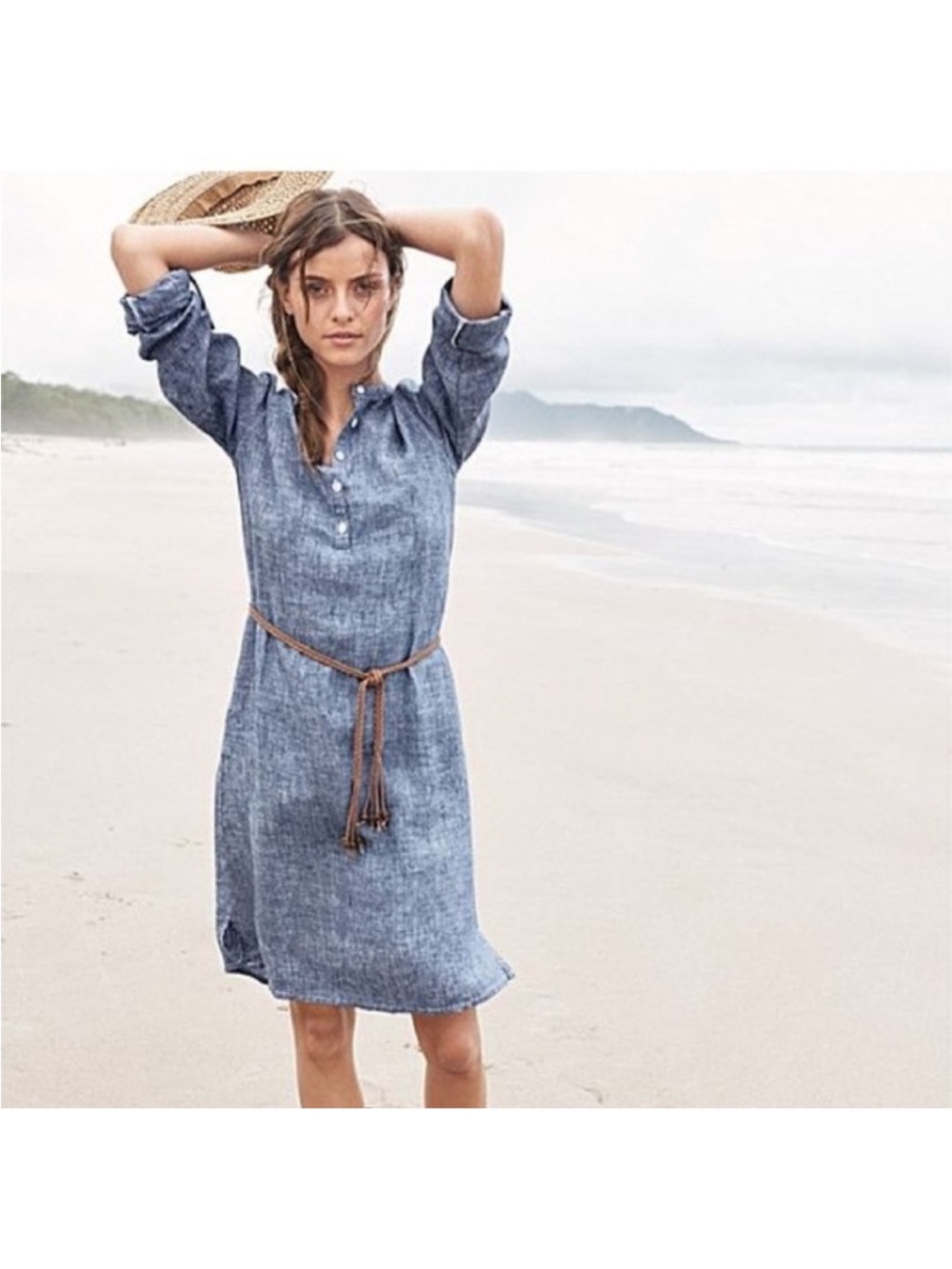 Garnet Hill 100% Linen Shirt Dress Roll Tab Sleeves Casual Sz 10